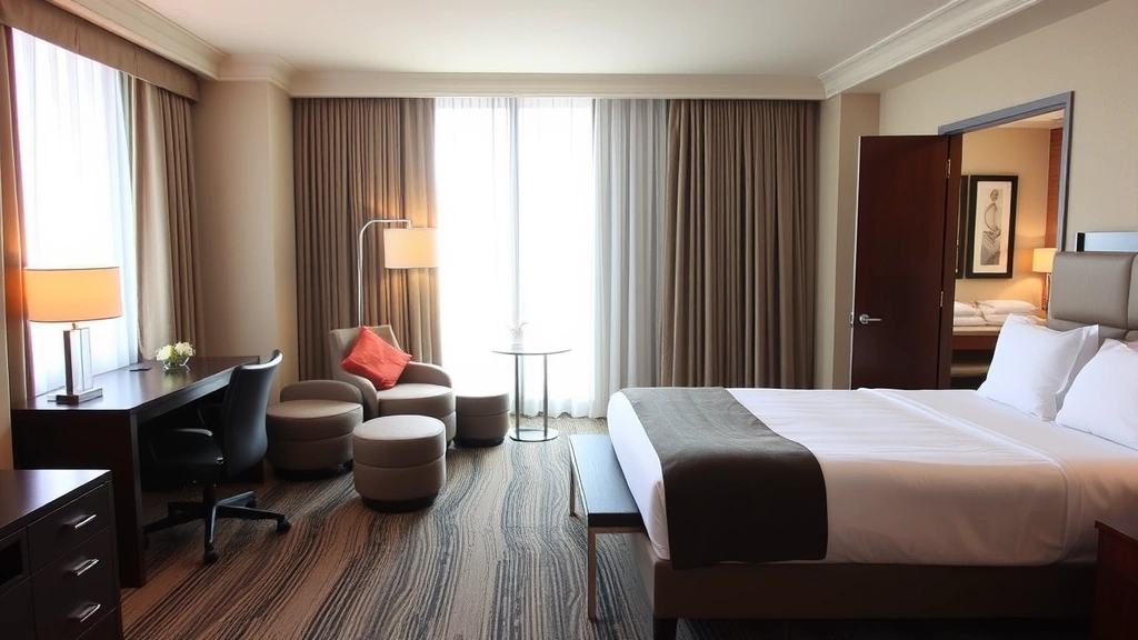 Spacious hotel bedroom with quality linens, modern furnishings, work desk by window, and clean bathroom visible through open door, neutral color palette with warm accents