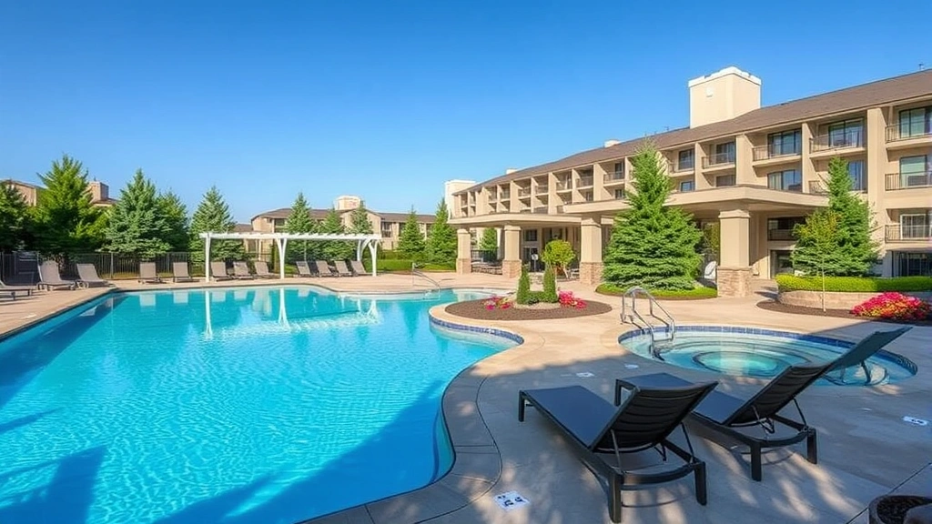 Hotel pool area with blue water, lounge chairs, surrounding landscaping with evergreen trees, covered spa area, and modern building architecture in background during daytime
