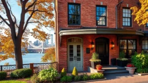 Charming boutique hotel exterior with Hudson River views, autumn foliage, brick facade, welcoming entrance with landscaping, daylight