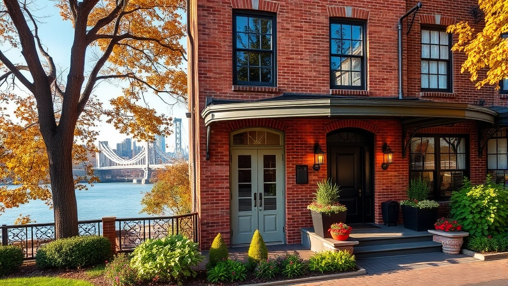 Charming boutique hotel exterior with Hudson River views, autumn foliage, brick facade, welcoming entrance with landscaping, daylight