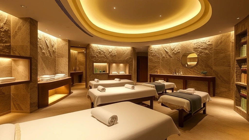 Luxurious hotel spa interior with massage tables, soft lighting, stone features, towel displays, wellness ambiance, no people visible