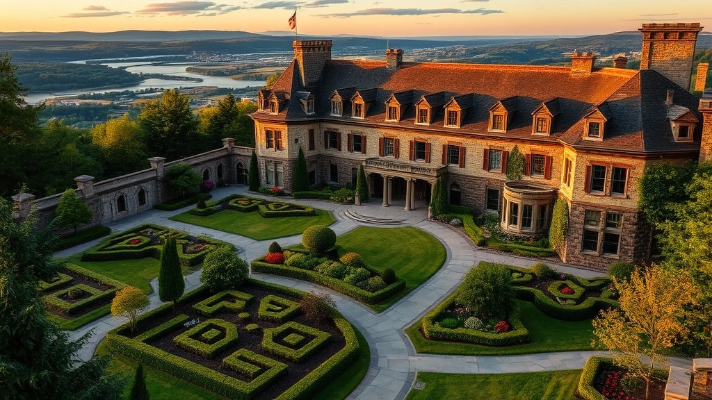 Historic mansion-style hotel grounds with manicured gardens, stone architecture, pathways, Hudson Valley landscape background, golden hour lighting