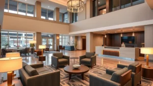 Modern hotel lobby in Tupelo Mississippi with comfortable seating, warm lighting, and welcoming reception desk area, photorealistic interior design
