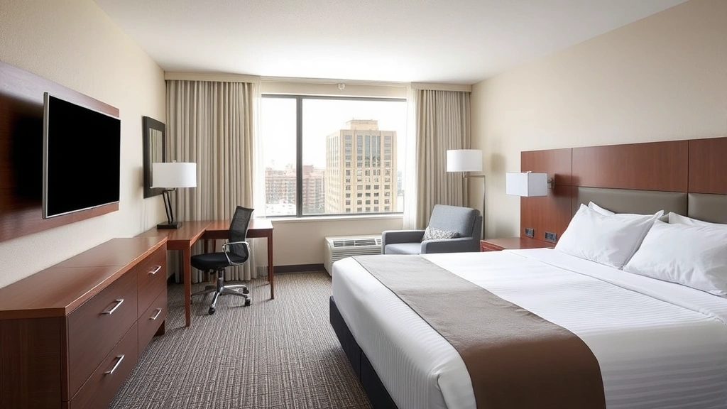 Spacious hotel room with queen bed, work desk, modern bathroom visible, clean contemporary decor, natural window light showing Tupelo cityscape