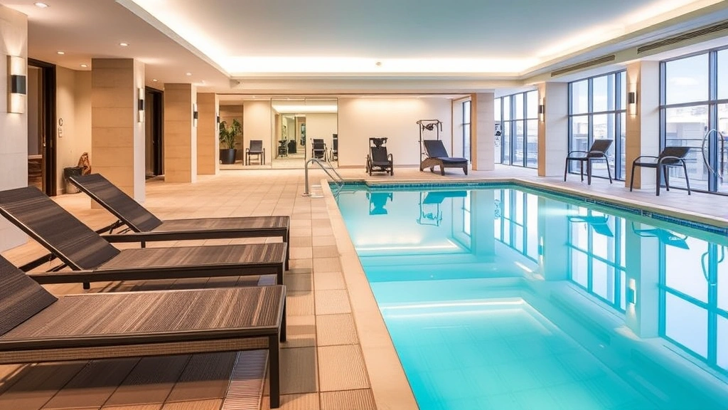 Hotel pool area with lounge chairs, indoor heated pool, fitness center visible through glass, relaxation and wellness amenities, professional hospitality setting