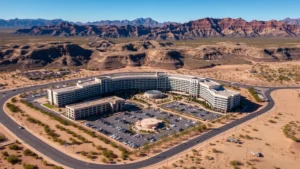 Aerial view of modern hotel resort nestled in desert landscape with mountains in background, showing multiple buildings, parking areas, and manicured grounds, clear sunny Arizona day