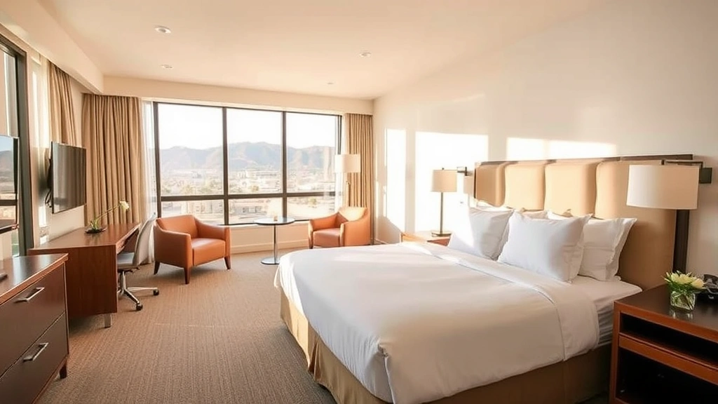 Bright hotel room interior with comfortable bed, modern furnishings, large windows showing desert views, clean contemporary design with warm lighting and quality bedding