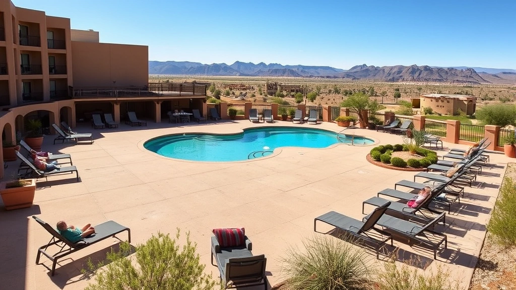 Outdoor hotel amenity area featuring swimming pool surrounded by lounge chairs, desert vegetation, mountains visible on horizon, guests relaxing on sunny day