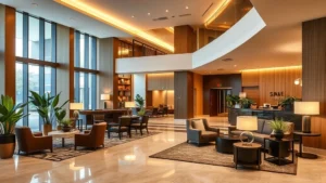 Modern hotel lobby with contemporary furniture and warm lighting, spacious and welcoming atmosphere, comfortable seating areas with plants, professional hotel entrance