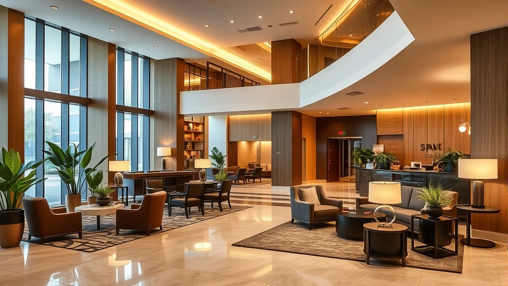 Modern hotel lobby with contemporary furniture and warm lighting, spacious and welcoming atmosphere, comfortable seating areas with plants, professional hotel entrance