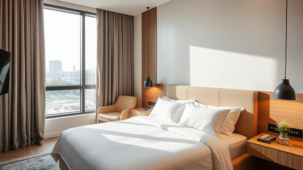 Hotel bedroom with king bed, modern amenities, large windows with natural light, clean minimalist design, comfortable pillows and quality bedding, contemporary décor