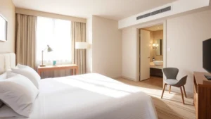 Modern hotel bedroom with comfortable queen bed, work desk with lamp, clean bathroom visible through open door, neutral beige and cream tones, contemporary furniture, morning sunlight through window
