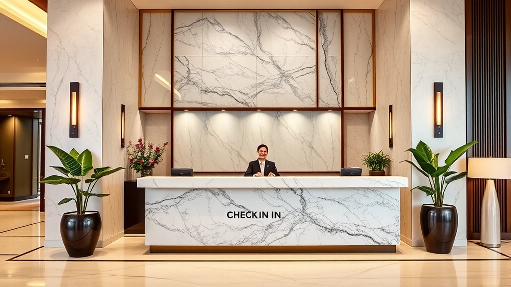 Upscale hotel reception area with marble check-in counter, professional staff member smiling, decorative potted plants, warm ambient lighting, elegant flooring, contemporary design elements