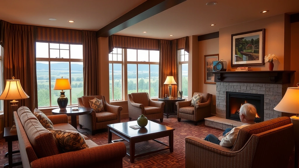 Cozy hotel lounge area with comfortable seating, fireplace, coffee table, warm lighting, guests relaxing, professional yet welcoming atmosphere, Pennsylvania countryside visible through windows