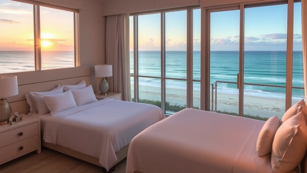 Luxury beachfront hotel suite with ocean view windows, modern furnishings, white bedding, and private balcony overlooking sandy beach and Atlantic Ocean at sunset
