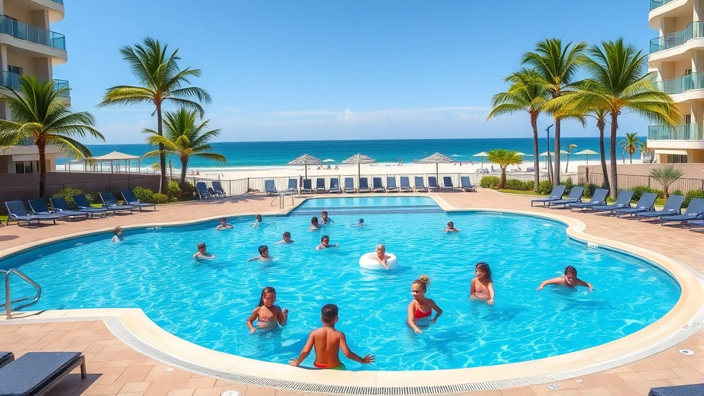 Family-friendly hotel pool area with children playing, lounge chairs, blue water, palm trees, and beachfront boardwalk visible in background during daytime