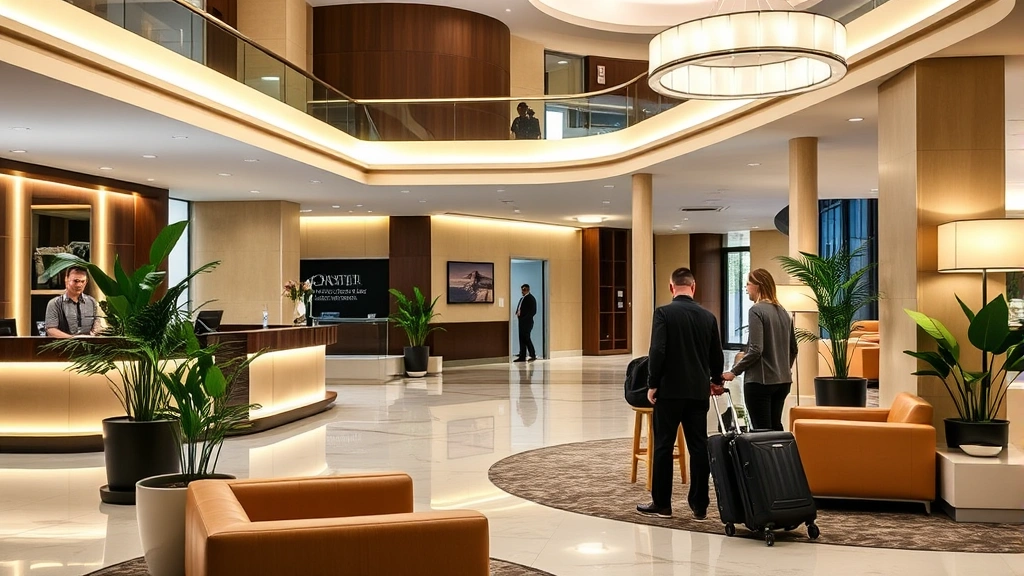 Hotel lobby interior with elegant reception desk, comfortable seating areas, modern lighting, potted plants, and guests checking in with luggage