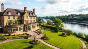 Elegant riverside hotel exterior with manicured gardens overlooking Thames Valley, stone architecture, green lawns, peaceful water reflections, English countryside setting