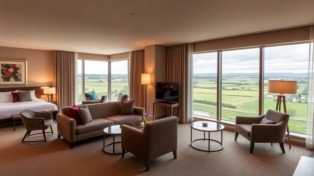 Modern hotel suite interior with comfortable seating area, neutral décor, large windows with countryside views, contemporary furnishings, warm lighting, welcoming ambiance