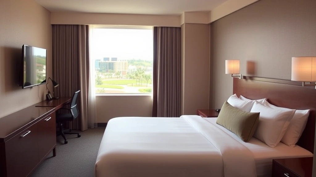 Comfortable hotel room with queen bed, soft pillows, modern bedside lamps, desk with office chair, flat-screen TV mounted on wall, neutral color palette, bright natural light from window overlooking hotel grounds and landscaping