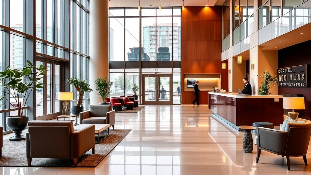 Modern hotel lobby with contemporary seating arrangement, front desk counter with professional staff checking in guests, large windows with natural light, polished flooring, potted plants, welcoming warm lighting throughout the space