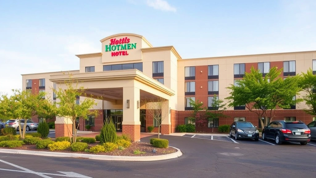 Hotel exterior showing entrance with covered awning, well-maintained landscaping with shrubs and trees, clean parking area with parked vehicles, clear sky, professional architectural design, modern building facade with large windows