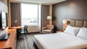 Modern airport hotel room with contemporary furnishings, comfortable bed with quality linens, desk workspace, window showing airport grounds, bright professional lighting, clean minimalist design