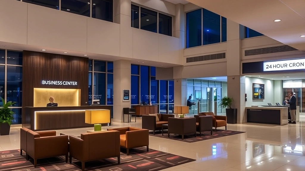 Airport hotel lobby at night showing 24-hour front desk, welcoming seating areas, business center visible, clear signage, professional staff, modern architecture, well-lit professional environment