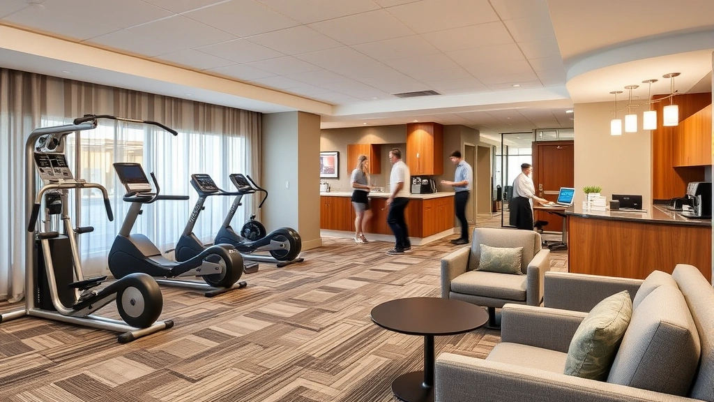 Airport hotel amenities area featuring fitness center equipment, comfortable lounge seating, business center with desk, coffee station, modern hotel interior design, multiple guests using facilities