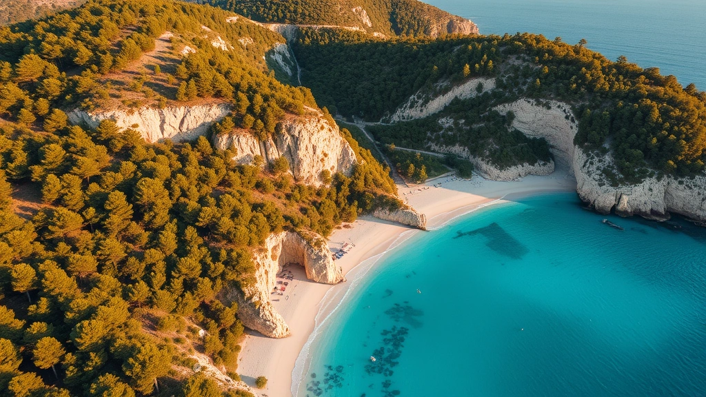 Aerial view of pristine turquoise cove with white sandy beach surrounded by pine forests and limestone cliffs, Mediterranean coastal landscape, golden hour lighting