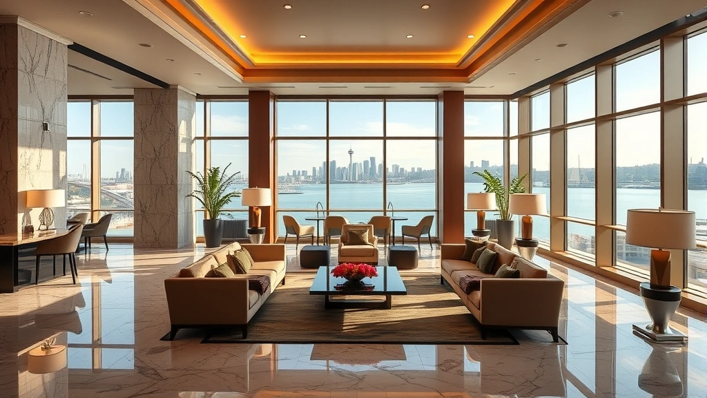 Upscale hotel lobby with marble flooring, elegant furniture, and waterfront views of Elliott Bay with Seattle skyline visible through large windows, natural lighting, modern luxury aesthetic