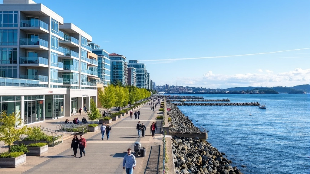 Waterfront promenade with pedestrians walking along Elliott Bay shoreline, modern architecture, scenic water views, clear sky, vibrant urban waterfront district with trees and public spaces