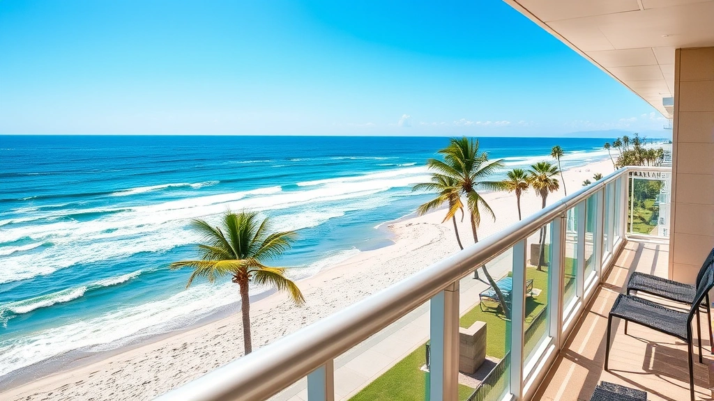 Oceanfront hotel balcony overlooking sandy beach with waves and palm trees, modern railing, bright sunny day with clear blue sky and ocean