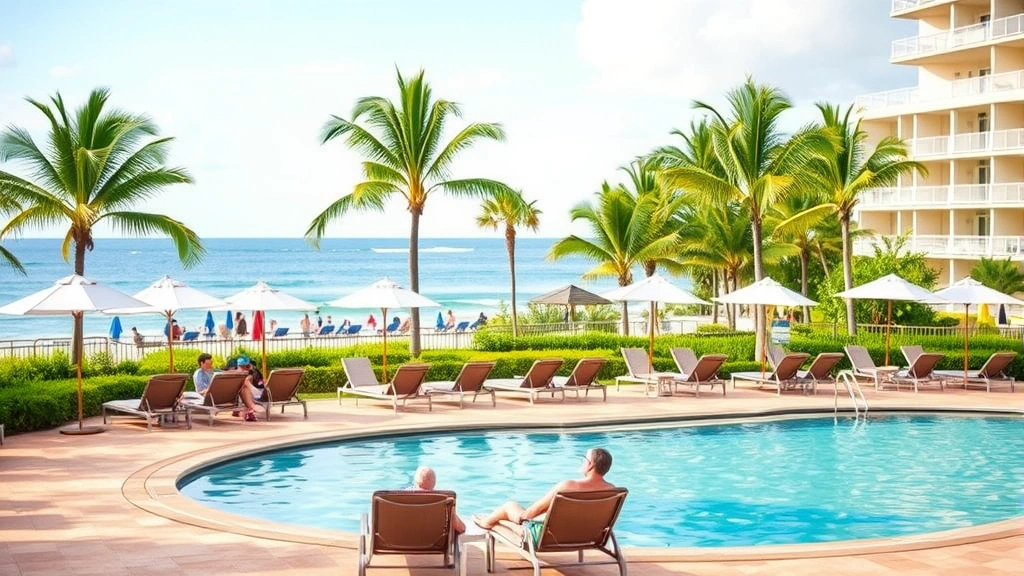 Family-friendly resort pool area with lounge chairs, umbrellas, and tropical landscaping, beachfront location visible in background, guests relaxing
