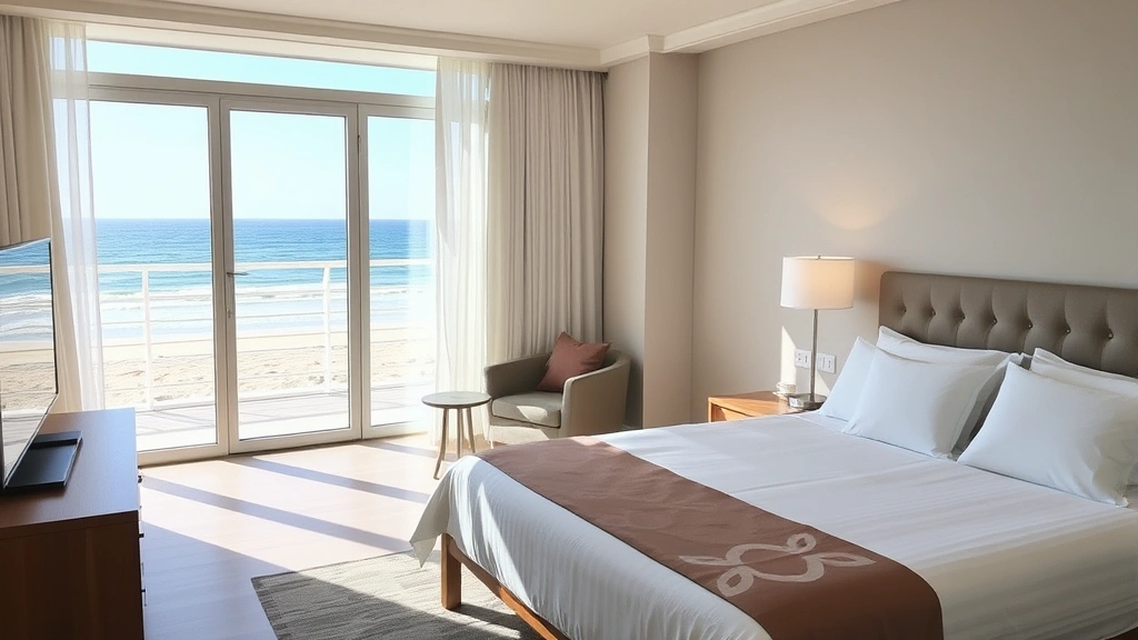 Modern hotel bedroom with oceanfront window view, comfortable bed, contemporary furniture, natural light streaming in, beach visible through glass doors