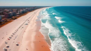 Aerial view of pristine sandy beach with turquoise ocean waves, white umbrellas scattered along shoreline, beachgoers swimming and relaxing, coastal homes and hotels visible in background under bright sunny sky