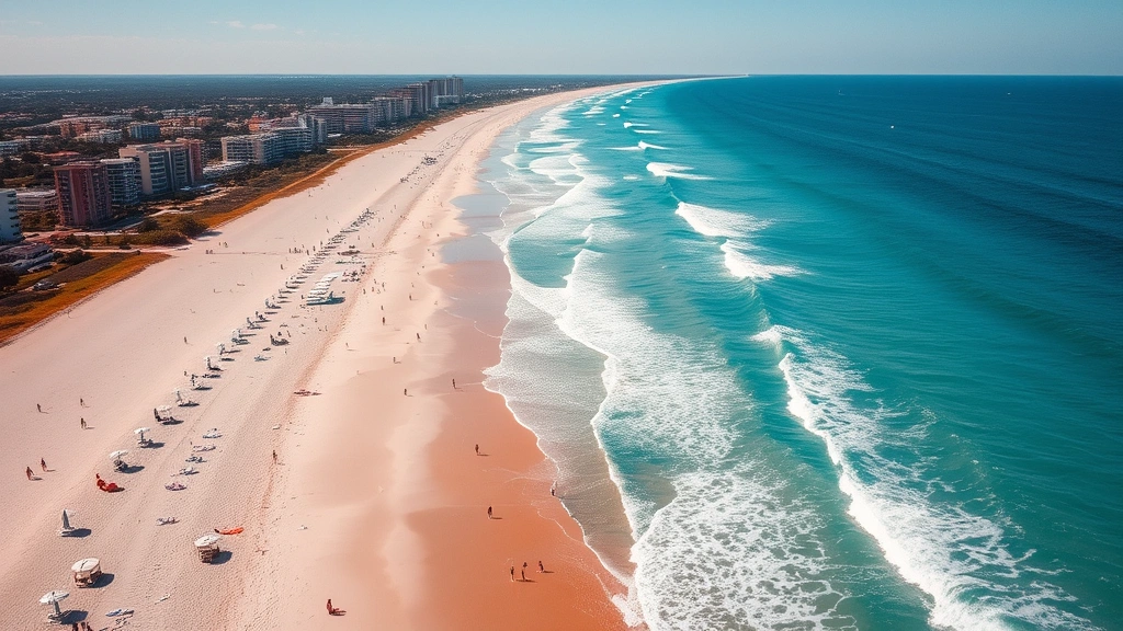 Aerial view of pristine sandy beach with turquoise ocean waves, white umbrellas scattered along shoreline, beachgoers swimming and relaxing, coastal homes and hotels visible in background under bright sunny sky