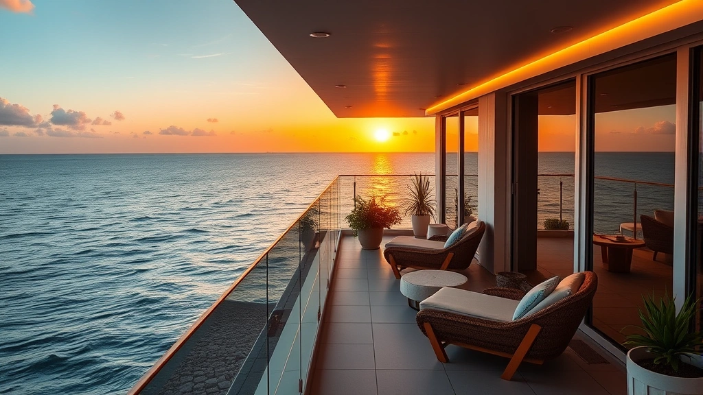 Modern hotel oceanfront balcony overlooking Atlantic Ocean at sunset, comfortable lounge chairs, potted plants, golden hour lighting reflecting on calm water, no visible text or signage