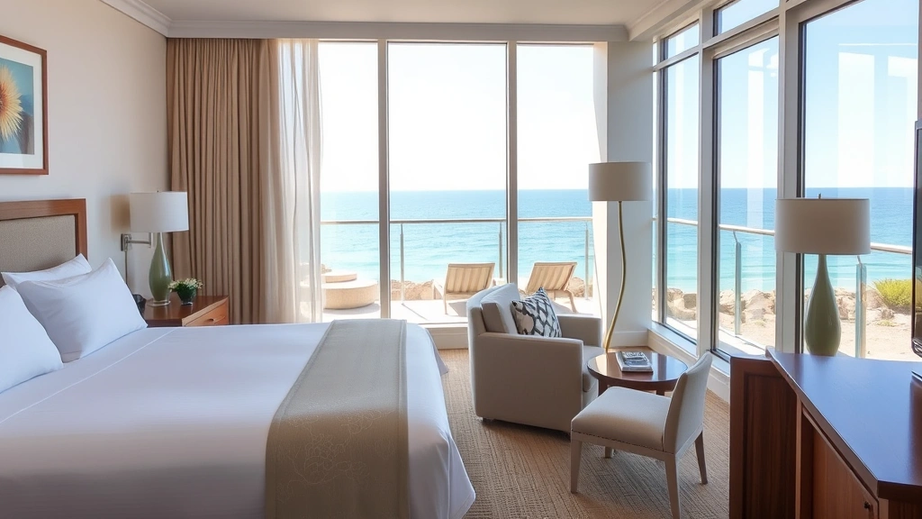 Cozy hotel room interior with coastal décor, comfortable bed with white linens, floor-to-ceiling windows framing ocean view, comfortable seating area, natural light streaming in, serene and inviting atmosphere