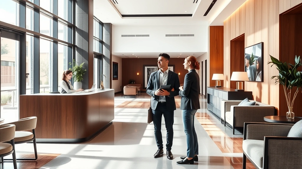 Young adult checking into a modern hotel lobby with professional front desk staff, natural lighting, contemporary interior design with comfortable seating areas and welcoming atmosphere