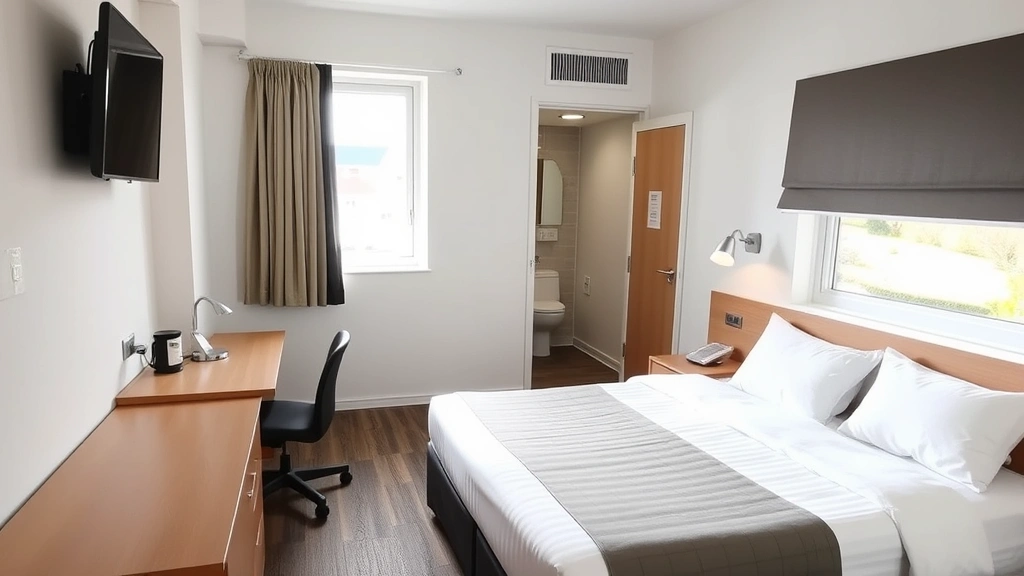 Budget hotel room interior showing clean bed, desk workspace, bathroom entrance, and window with natural light, practical and comfortable setup designed for young travelers on a budget