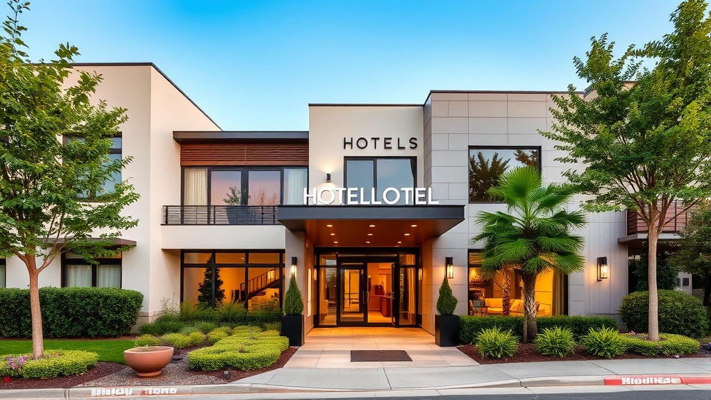 Modern hotel exterior with contemporary architecture, clean landscaping, professional entrance, daytime photography, welcoming appearance, no visible signage or text, residential-adjacent boutique hotel setting