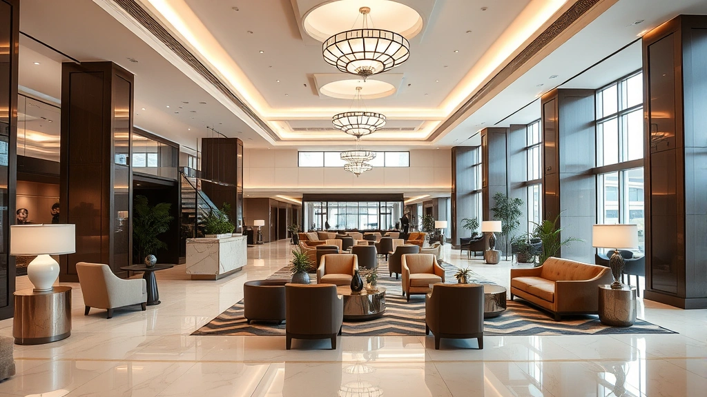 Upscale hotel lobby interior with elegant furnishings, comfortable seating areas, professional lighting, modern décor, no people visible, bright and inviting atmosphere, luxury hospitality space