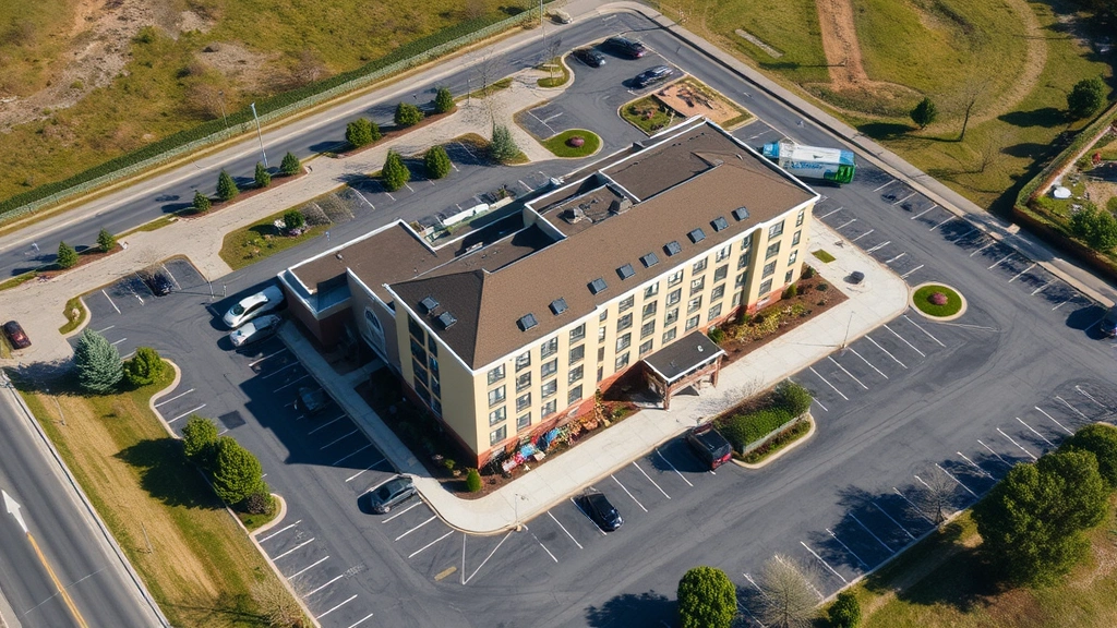 Hotel property aerial view showing building structure, surrounding landscape, parking areas, grounds maintenance, clear daytime conditions, no identifying text or signage, professional real estate perspective