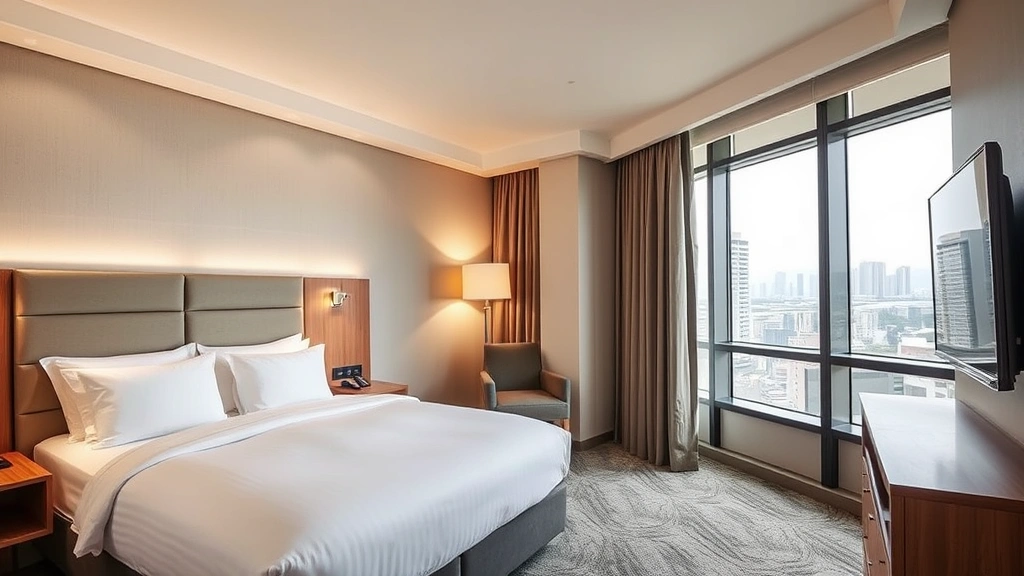 Modern hotel room with comfortable bed, neutral décor, and city view through large window, contemporary lighting fixtures, clean contemporary design