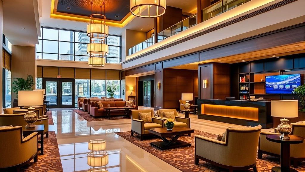 Upscale hotel lobby with elegant furnishings, warm lighting, comfortable seating areas, professional concierge desk, modern architectural details, welcoming atmosphere