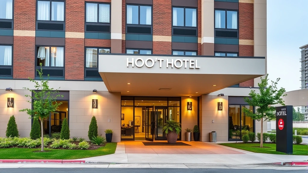 Hotel exterior facade showcasing modern architecture, well-maintained landscaping, welcoming entrance with professional signage, daytime natural lighting, architectural appeal