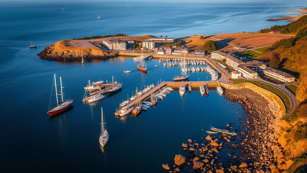 Aerial view of Bodega Bay harbor with fishing boats, rocky coastline, and hotel buildings clustered along waterfront during afternoon light
