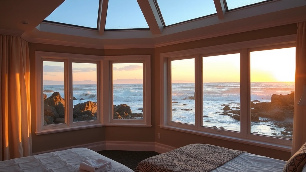 Coastal hotel room with bay windows overlooking rocky shoreline and crashing waves during golden hour sunset