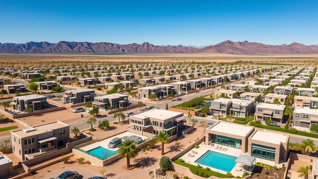 Aerial view of Boulder City residential area with desert landscape, modern houses with pools, green yards, mountains in background, clear blue sky, daytime photography